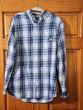 Chaps Men's Blue and White Plaid Button-Down Shirt
